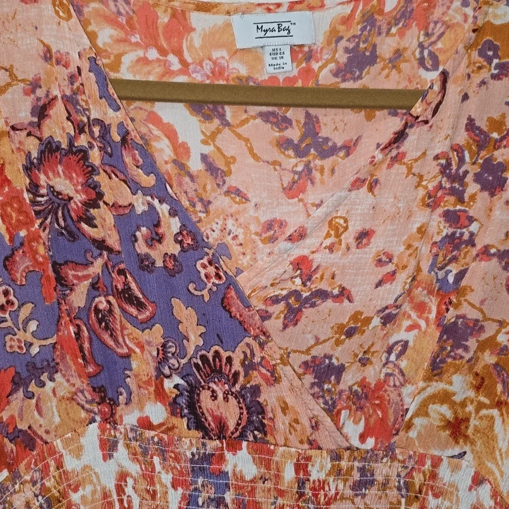 Myra Bag V-Neck A-Line Orange Purple Floral Elastic Waist Dress Womens Size L - Picture 5 of 16